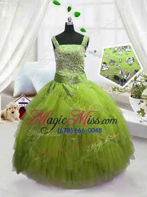 Stylish Yellow Green Tulle Lace Up Little Girls Pageant Dress Wholesale Sleeveless Floor Length Beading and Ruffles