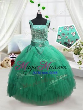 Turquoise Ball Gowns Tulle Straps Sleeveless Beading and Ruffles Floor Length Lace Up Little Girls Pageant Dress