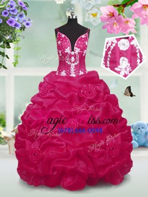 Red Taffeta Lace Up V-neck Sleeveless Floor Length Little Girls Pageant Dress Beading and Pick Ups