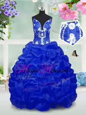 Stunning Sleeveless Taffeta Floor Length Lace Up Little Girls Pageant Dress in Royal Blue for with Beading and Pick Ups