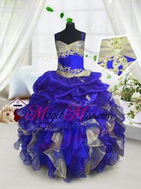 Custom Fit Royal Blue Ball Gowns Beading and Ruffles and Pick Ups Girls Pageant Dresses Lace Up Organza Sleeveless Floor Length