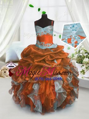Custom Design Rust Red Little Girl Pageant Gowns Party and Wedding Party and For with Beading and Ruffles and Pick Ups Spaghetti Straps Sleeveless Lace Up