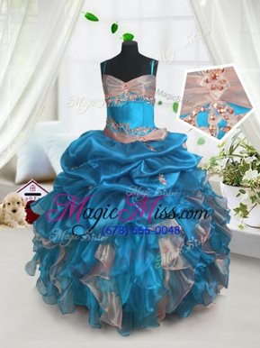 Graceful Sleeveless Organza Floor Length Lace Up Girls Pageant Dresses in Baby Blue for with Beading and Ruffles and Pick Ups