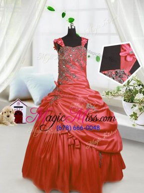 Inexpensive Watermelon Red Straps Lace Up Beading and Pick Ups Little Girls Pageant Dress Sleeveless