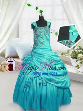 Turquoise Lace Up Little Girls Pageant Gowns Beading and Pick Ups Sleeveless Floor Length