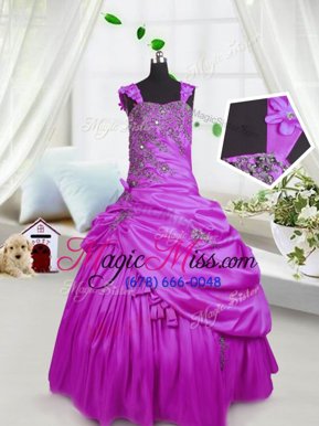 Fashionable Straps Sleeveless Little Girl Pageant Dress Floor Length Beading and Pick Ups Fuchsia Satin