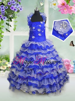 Amazing Organza Straps Sleeveless Lace Up Beading and Appliques and Ruffled Layers Little Girl Pageant Dress in Royal Blue