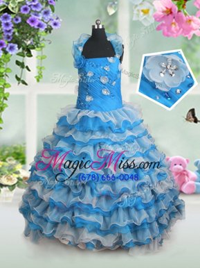 Custom Design Ruffled Straps Sleeveless Lace Up Girls Pageant Dresses Baby Blue Organza