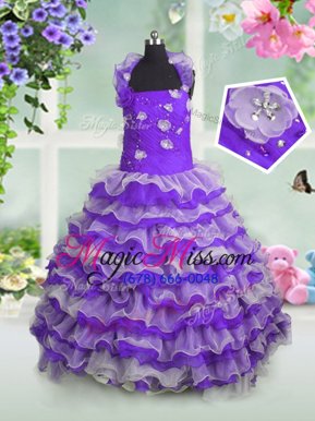 High Class Organza Straps Sleeveless Lace Up Beading and Appliques and Ruffled Layers Pageant Gowns For Girls in Lavender