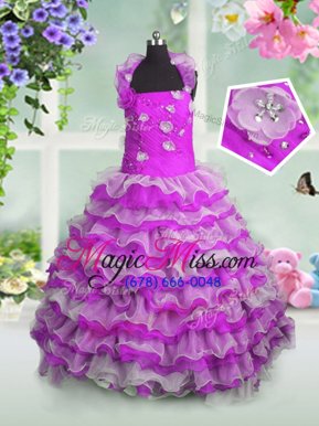 Attractive Fuchsia Lace Up Straps Beading and Appliques and Ruffled Layers Little Girl Pageant Gowns Organza Sleeveless
