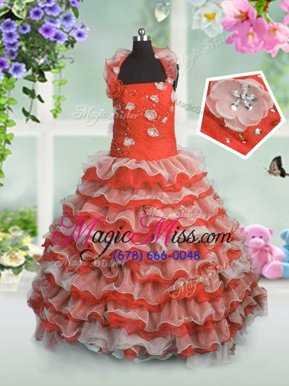 Sleeveless Lace Up Floor Length Beading and Appliques and Ruffled Layers Kids Formal Wear
