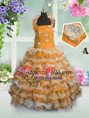 Stunning Orange Sleeveless Beading and Appliques and Ruffled Layers Floor Length Pageant Gowns For Girls