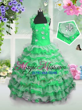 Inexpensive Straps Sleeveless Organza Pageant Gowns For Girls Beading and Appliques and Ruffled Layers Lace Up