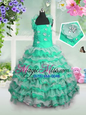 Eye-catching Ruffled Floor Length Ball Gowns Sleeveless Green Kids Formal Wear Lace Up