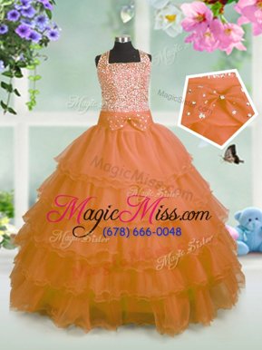 Orange Sleeveless Floor Length Beading and Ruffled Layers and Bowknot Zipper Girls Pageant Dresses