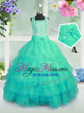 High Quality Sleeveless Organza Floor Length Lace Up Girls Pageant Dresses in Turquoise for with Beading and Ruffled Layers