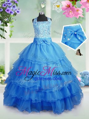 Pretty Baby Blue Sleeveless Beading and Ruffled Layers Floor Length Child Pageant Dress