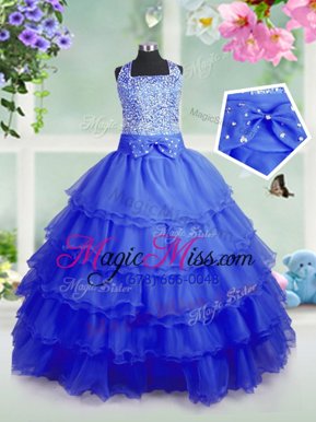 Wonderful Royal Blue Little Girls Pageant Gowns Party and Wedding Party and For with Beading and Ruffled Layers Square Sleeveless Zipper