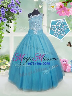 Teal Pageant Gowns For Girls Party and Wedding Party and For with Beading Asymmetric Sleeveless Side Zipper