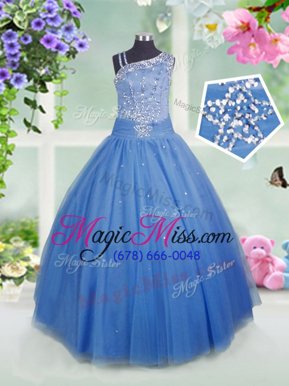Cheap Tulle Asymmetric Sleeveless Side Zipper Beading Child Pageant Dress in Baby Blue