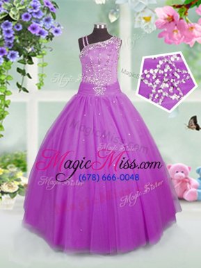 Dazzling Floor Length Lilac Girls Pageant Dresses Tulle Sleeveless Beading