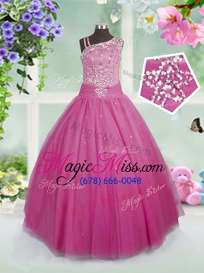 Popular Floor Length Rose Pink Pageant Gowns For Girls Asymmetric Sleeveless Side Zipper