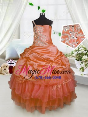 Beauteous One Shoulder Pick Ups Ruffled Floor Length Ball Gowns Sleeveless Orange Little Girls Pageant Dress Wholesale Lace Up
