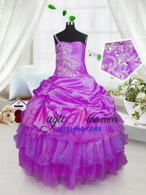 Excellent One Shoulder Satin and Tulle Sleeveless Floor Length Little Girls Pageant Dress Wholesale and Beading and Ruffled Layers and Pick Ups