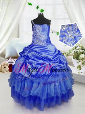 Pick Ups Ruffled Royal Blue Sleeveless Organza Lace Up Little Girls Pageant Dress Wholesale for Military Ball and Sweet 16 and Quinceanera