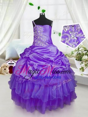 Elegant Sleeveless Floor Length Beading and Ruffled Layers and Pick Ups Lace Up Pageant Gowns For Girls with Purple