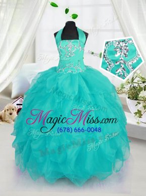 Super Organza Halter Top Sleeveless Lace Up Beading Little Girls Pageant Dress in Aqua Blue