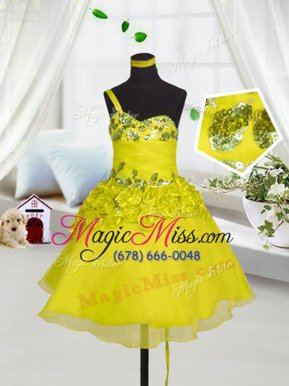 Perfect Yellow Lace Up Sweetheart Beading and Appliques and Hand Made Flower Little Girls Pageant Gowns Organza Sleeveless