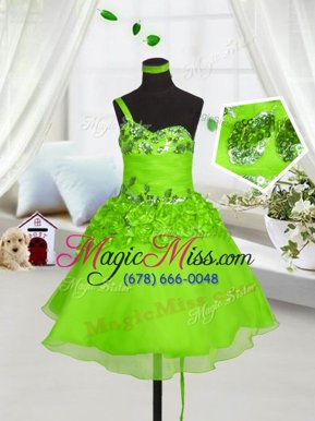 Customized One Shoulder Knee Length Little Girls Pageant Dress Organza Sleeveless Beading and Hand Made Flower