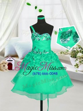 Trendy One Shoulder Sleeveless Organza Knee Length Lace Up Girls Pageant Dresses in Turquoise for with Beading and Hand Made Flower