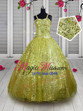 Trendy Gold Sequined Lace Up Straps Sleeveless Floor Length Pageant Gowns For Girls Sequins