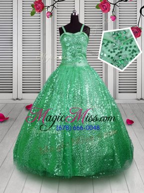 Green Lace Up Kids Formal Wear Sequins Sleeveless Floor Length