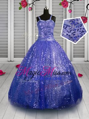 Excellent Blue Sleeveless Beading and Sequins Floor Length Little Girls Pageant Dress Wholesale