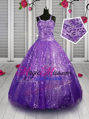 Classical Sleeveless Sequined Floor Length Lace Up Kids Formal Wear in Lavender for with Sequins