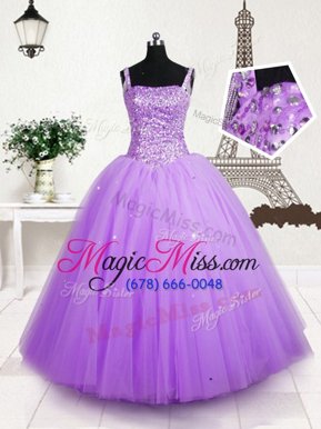 Lilac Ball Gowns Tulle Straps Sleeveless Beading and Sequins Floor Length Lace Up Little Girls Pageant Dress