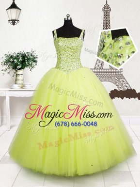 Sleeveless Tulle Floor Length Lace Up Child Pageant Dress in Yellow Green for with Beading and Sequins