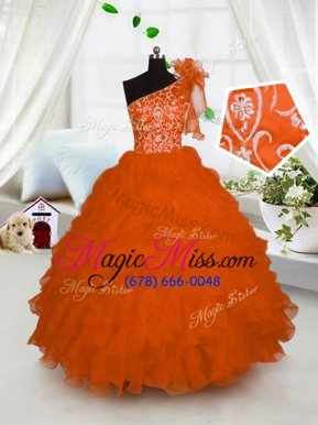 One Shoulder Orange Ball Gowns Embroidery and Ruffles Little Girls Pageant Gowns Lace Up Organza Sleeveless Floor Length