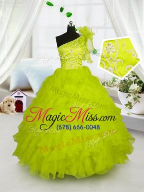One Shoulder Floor Length Ball Gowns Sleeveless Yellow Green Pageant Gowns For Girls Lace Up