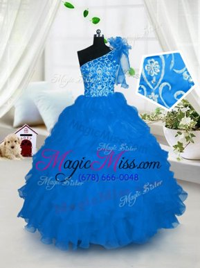 Best Aqua Blue Organza Lace Up One Shoulder Sleeveless Floor Length Little Girls Pageant Dress Embroidery and Ruffles