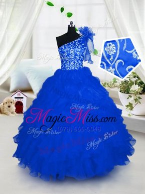 One Shoulder Floor Length Lace Up Little Girl Pageant Dress Royal Blue and In for Party and Wedding Party with Embroidery and Ruffles