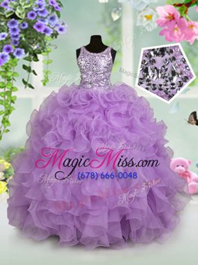 Scoop Organza Sleeveless Floor Length Kids Pageant Dress and Ruffles and Sequins