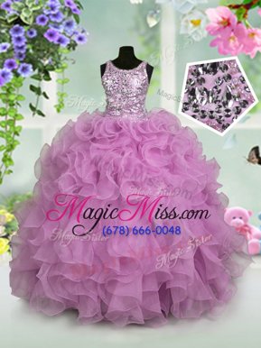 Latest Scoop Floor Length Zipper Pageant Gowns For Girls Lilac and In for Party and Wedding Party with Ruffles and Sequins