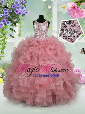 Beauteous Organza Scoop Sleeveless Zipper Ruffles and Sequins Child Pageant Dress in Pink
