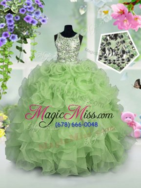 Admirable Scoop Sleeveless Little Girl Pageant Gowns Floor Length Ruffles and Sequins Apple Green Organza