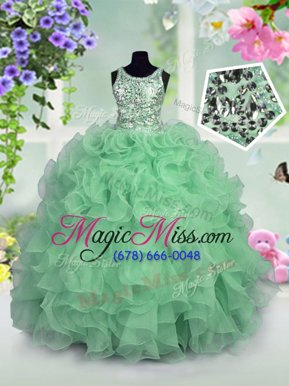Fancy Apple Green Ball Gowns Organza Scoop Sleeveless Ruffles and Sequins Floor Length Zipper Pageant Gowns For Girls
