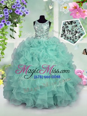 Dramatic Turquoise Ball Gowns Organza Scoop Sleeveless Ruffles and Sequins Floor Length Zipper Little Girls Pageant Dress